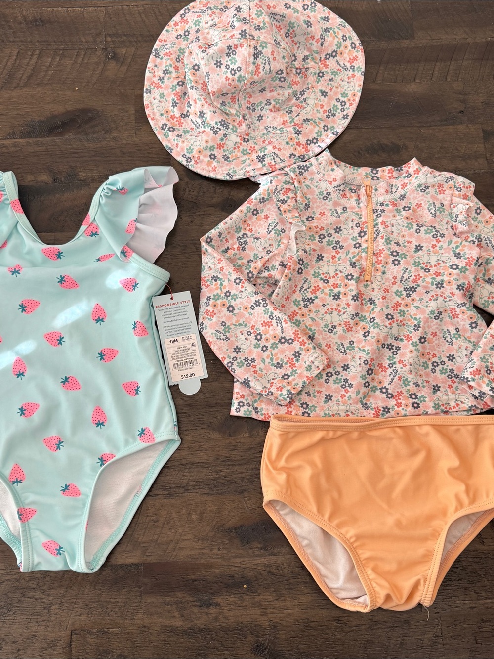 18m Baby Girl Swim Bundle Lot - Strawberry One Piece & Dino Floral Rashguard Set